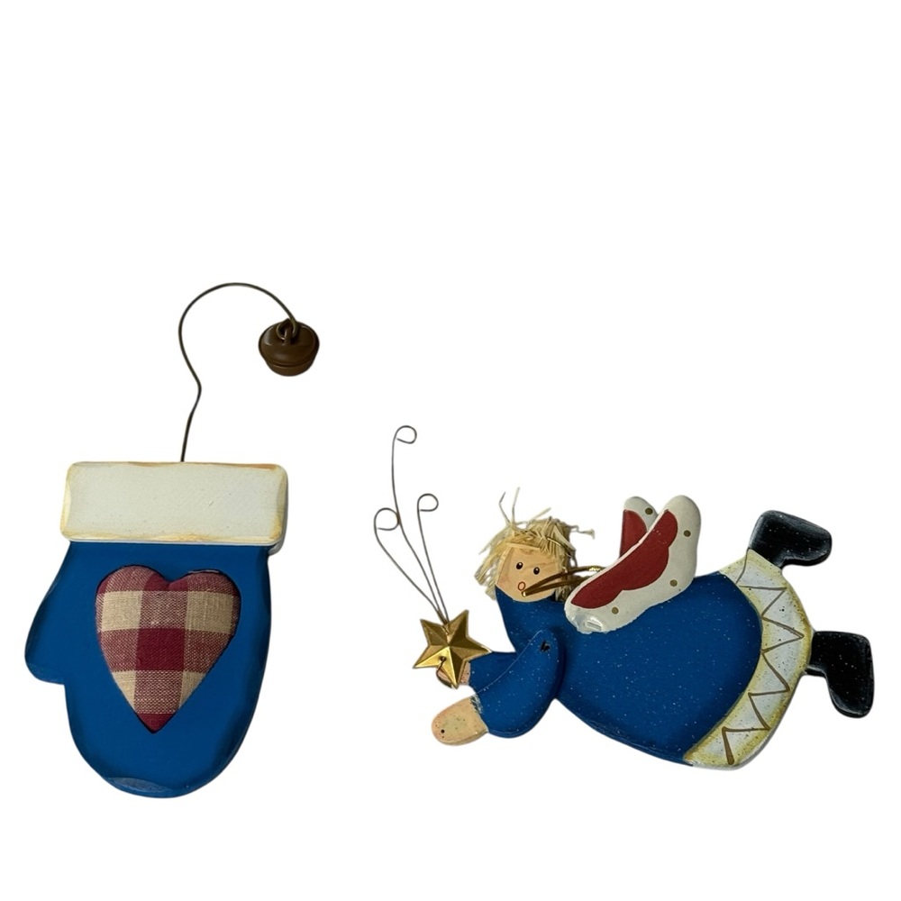 Vintage Primitive Wood Christmasโ Ornaments Set Angel Flying Blue Mitten Heart